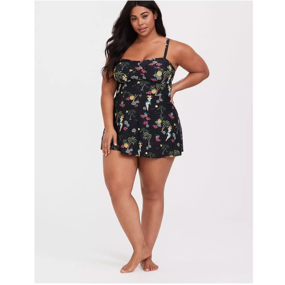 Torrid 3X Hula Girl Swim Dress Black Tropical Skirted One Piece Retro - Picture 15 of 15